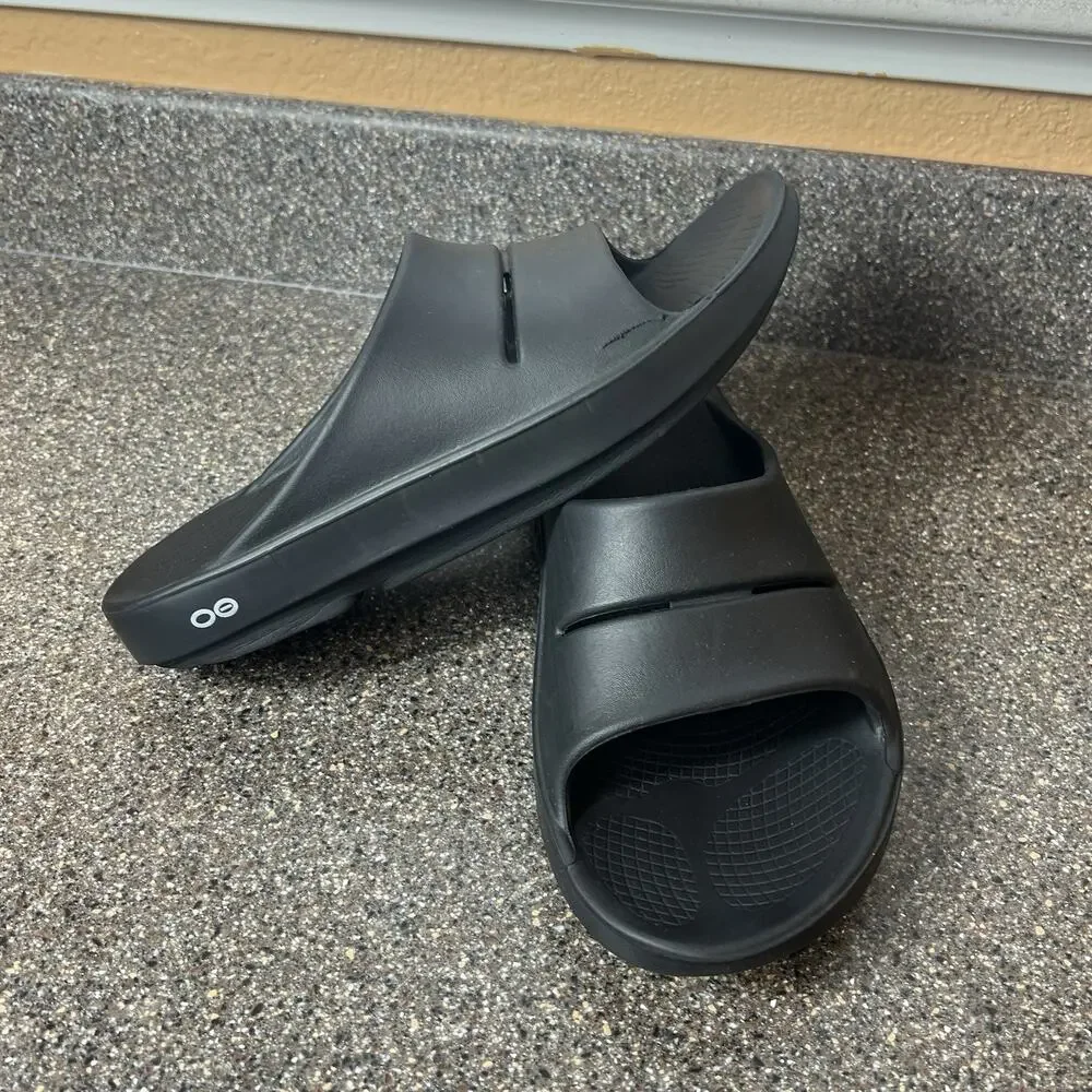 OOFOS Summer Rubber Sandals Mens Sz 9 All Black Comfort Slides Slip On Womens 12